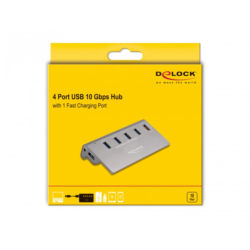 USB 10 Gbps Hub mit 4 USB Typ-A Ports + 1 Schnellladeport (grau, inkl. Netzteil)