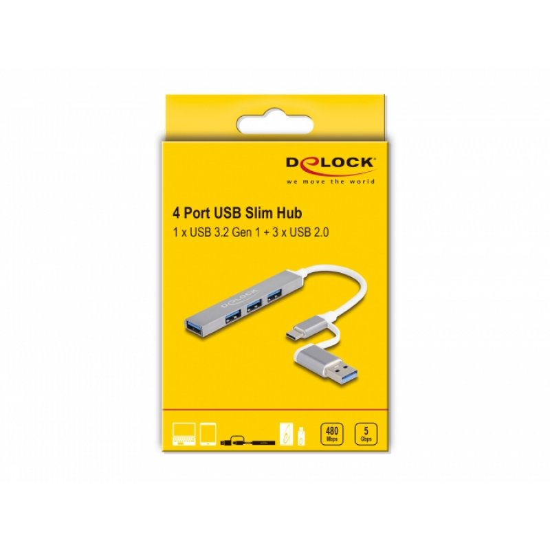 DeLOCK 64214 hub & concentrateur USB 3.2 Gen 1 (3.1 Gen 1) Type-A + Type-C 5000 Mbit/s Argent