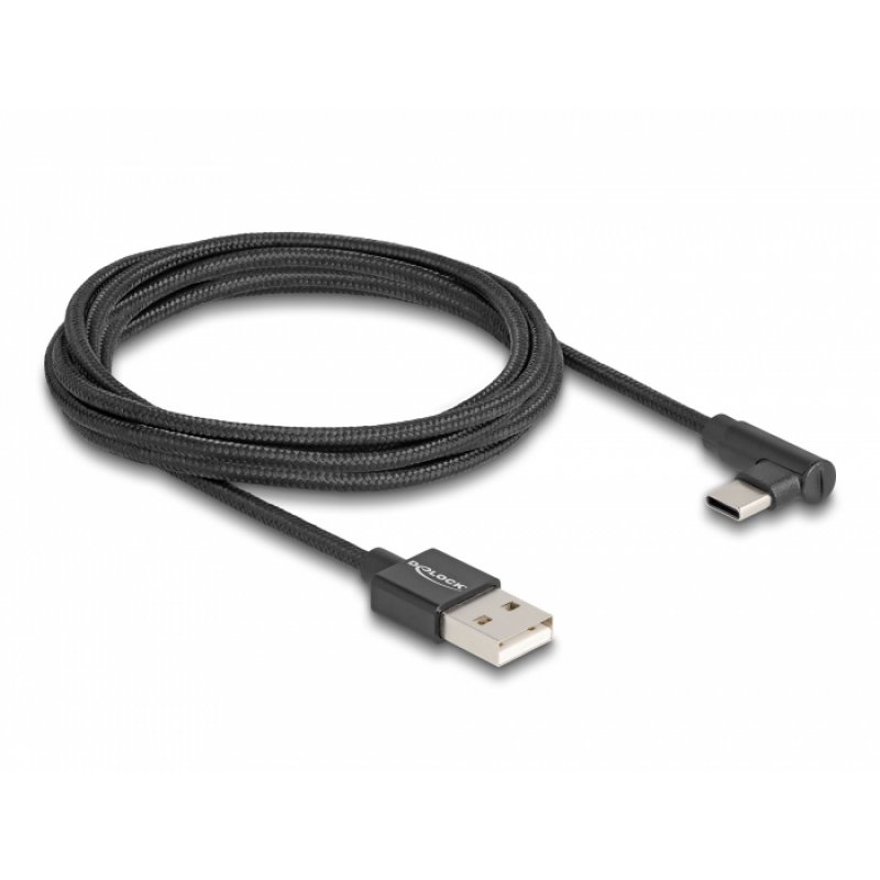 USB 2.0 Kabel, USB-A Stecker  USB-C Stecker (schwarz, 2 Meter, gesleevt, 90° abgewinkelt)