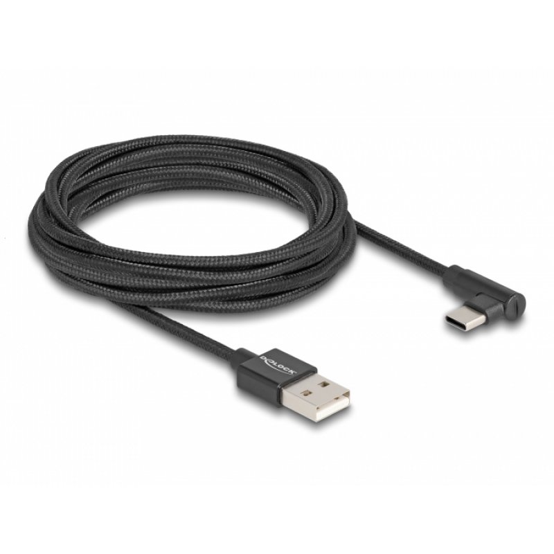 USB 2.0 Kabel, USB-A Stecker  USB-C Stecker (schwarz, 3 Meter, gesleevt, 90° abgewinkelt)