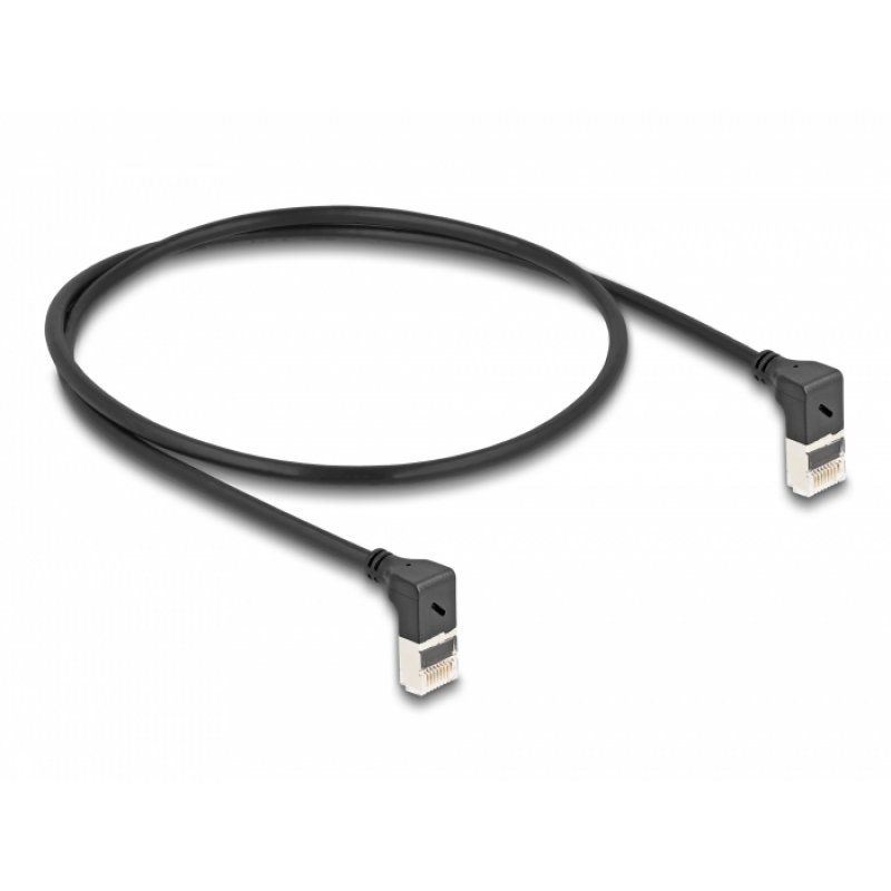 Patchkabel RJ-45 Cat.6a S/FTP, Slim 90° gewinkelt (schwarz, 0,5 Meter, nach unten abgewinkelte Stecker)