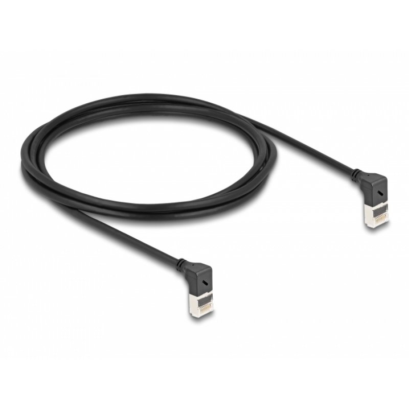 Patchkabel RJ-45 Cat.6a S/FTP, Slim 90° gewinkelt (schwarz, 2 Meter, nach unten abgewinkelte Stecker)