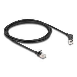 Patchkabel RJ-45 Cat.6a S/FTP, Slim 90° gewinkelt (schwarz, 2 Meter, 1x gerader, 1x unten abgewinkelter Stecker)