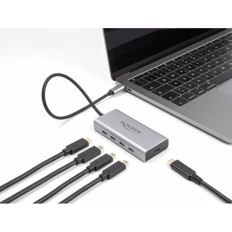 DeLock USB 10 Gbps USB Type-C Hub mit 4 x USB Type-C + 1 x USB Type-C PD 85 Watt (grau)