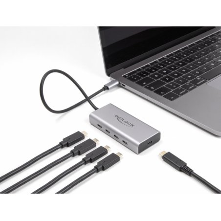 DeLock USB 10 Gbps USB Type-C Hub mit 4 x USB Type-C + 1 x USB Type-C PD 85 Watt (grau)