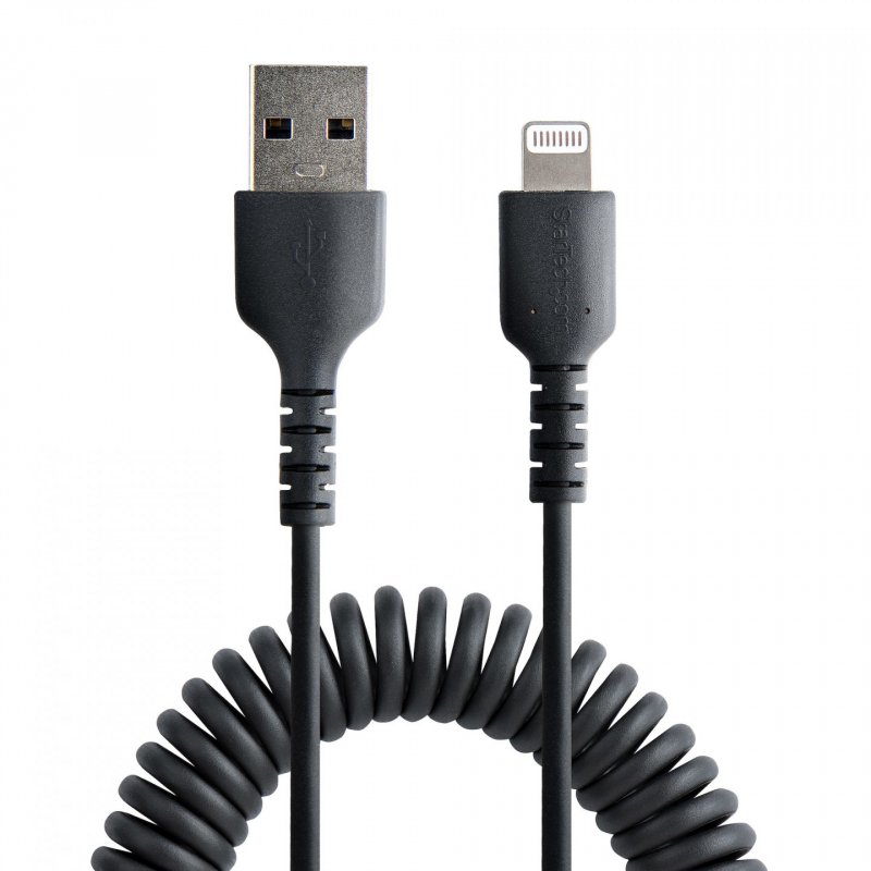 StarTech.com 50cm (20in) USB to Lightning Cable, MFi Certified, Coiled iPhone Charger Cable, Black, Durable TPE Jacket A