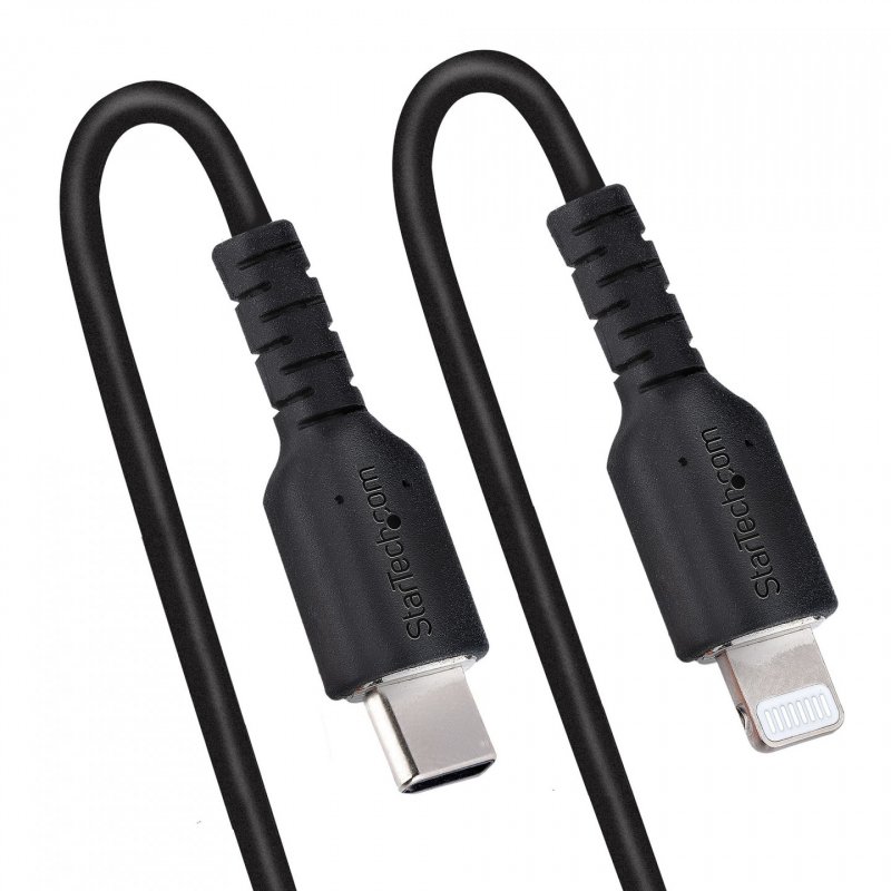 StarTech.com 1m (3ft) USB C to Lightning Cable, MFi Certified, Coiled iPhone Charger Cable, Black, Durable TPE Jacket Ar