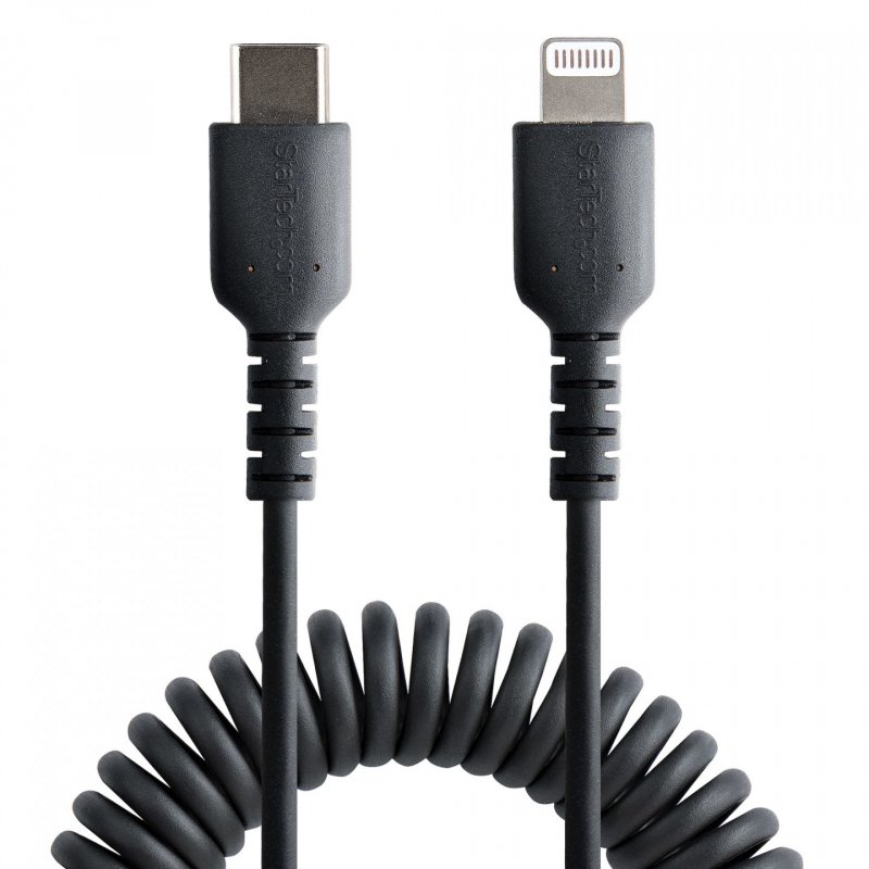StarTech.com 20in / 50cm USB C to Lightning Cable, MFi Certified, Coiled iPhone Charger Cable, Black, Durable TPE Jacket