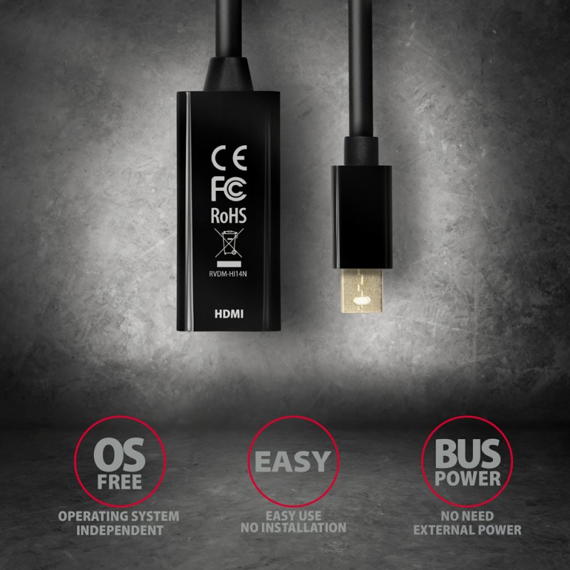 AXAGON compatible RVDM-HI14N Mini-DisplayPort zu HDMI Adapter, 4K/30 Hz, 15 cm lang - schwarz