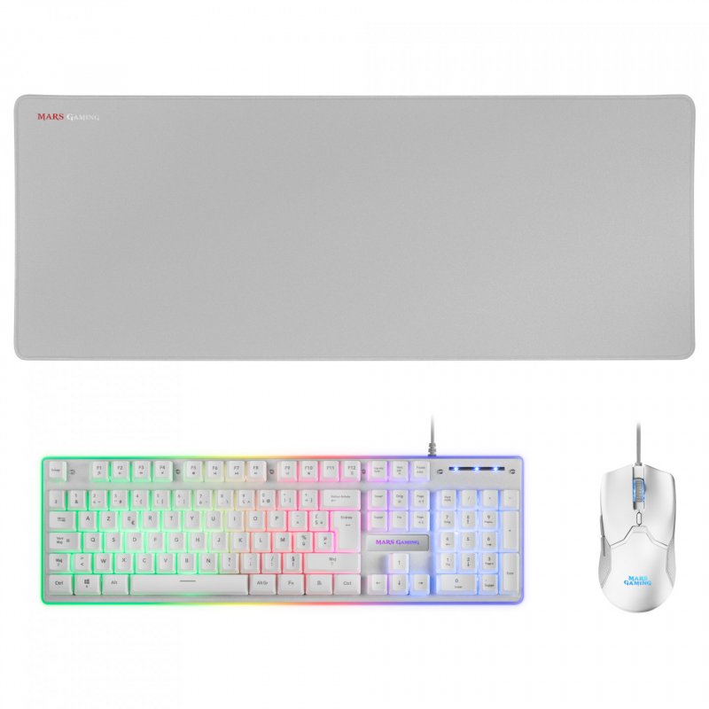 Mars Gaming MCPXWFR Combo Keyboard H-Mech FRGB Ultralight Mouse 10000DPI and XXL Mousepad White French Language