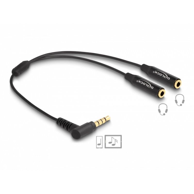 Audio Splitter Klinkenstecker 3,5mm  2x Klinkenbuchse 3,5mm 4 Pin (schwarz, 25cm, Klinkenstecker abgewinkelt)