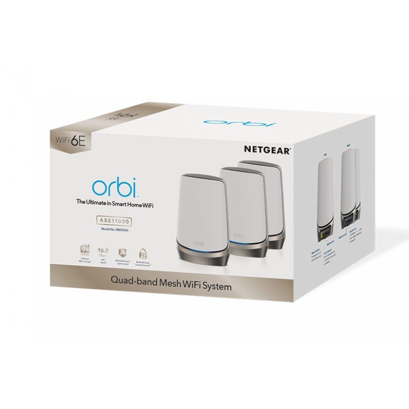 NETGEAR Orbi Quad-band RBKE963 AXE11000 WiFi 6E Mesh System Wi-Fi 6 (802.11ax) Grey, White 16 Internal