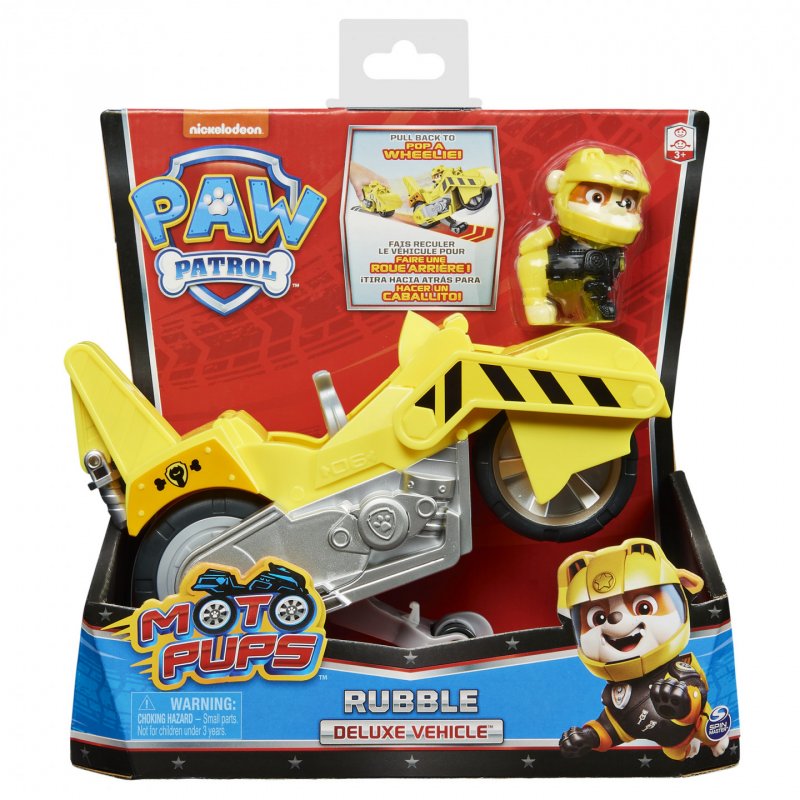 PAW Patrol , Moto Pups Rubble’s Deluxe Pull Back Motorcycle Vehicle with Wheelie Feature and Figure