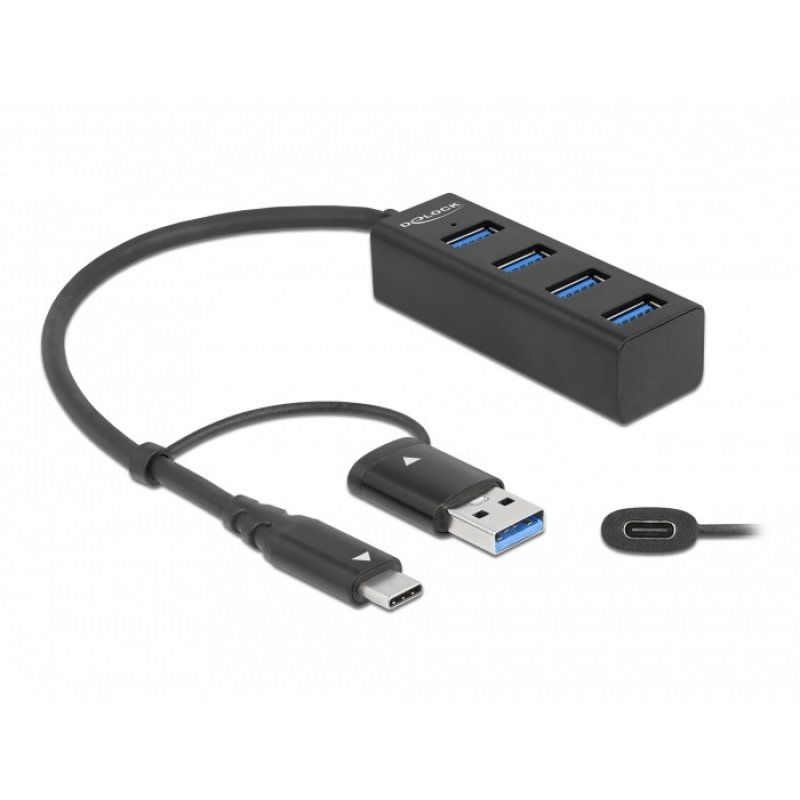 DeLOCK 63828 hub & concentrateur USB 3.2 Gen 1 (3.1 Gen 1) Type-A + Type-C 5000 Mbit/s Noir
