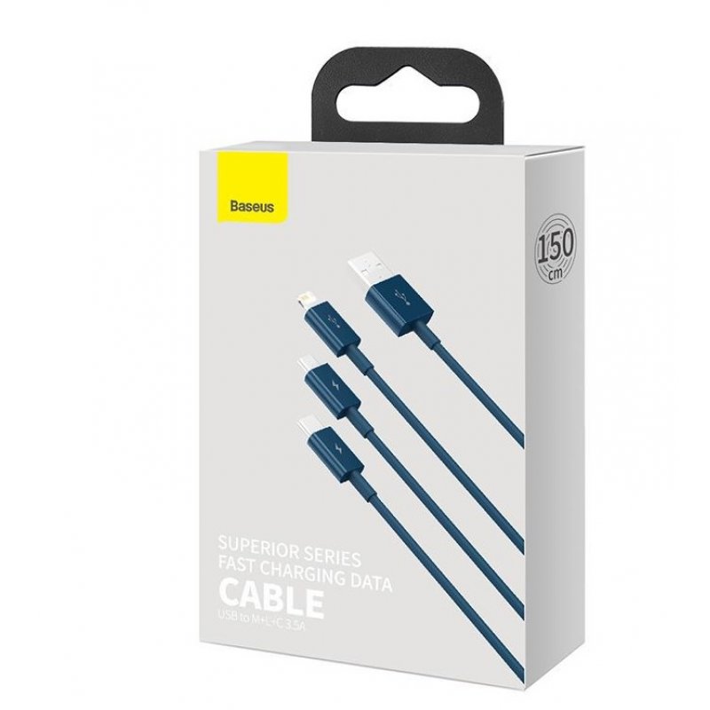 Baseus Cable Superior Series 3-in-1 Fast Charging Data Cable USB to M+L+C 3.5A 1.5m Blue (CAMLTYS-03)