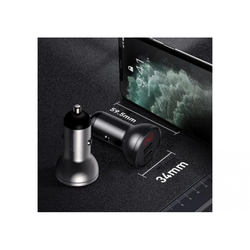 Baseus Car Charger Digital Display Dual USB 4.8A 24W Gray (CCBX-0G)