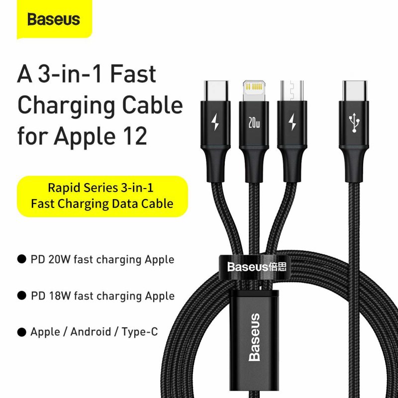 Baseus Type-C Rapid 3-in-1 Cable for Micro + Lightning + Type-C PD 20W 1.5m Black (CAMLT-SC01)