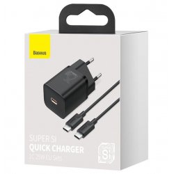 Baseus Travel Charger set Super Si 1C QC (With Mini White Cable Type-C to Type-C 3A 1m) 25W Black (TZCCSUP-L01)