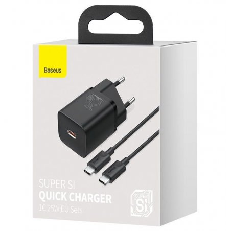 Baseus Travel Charger set Super Si 1C QC (With Mini White Cable Type-C to Type-C 3A 1m) 25W Black (TZCCSUP-L01)