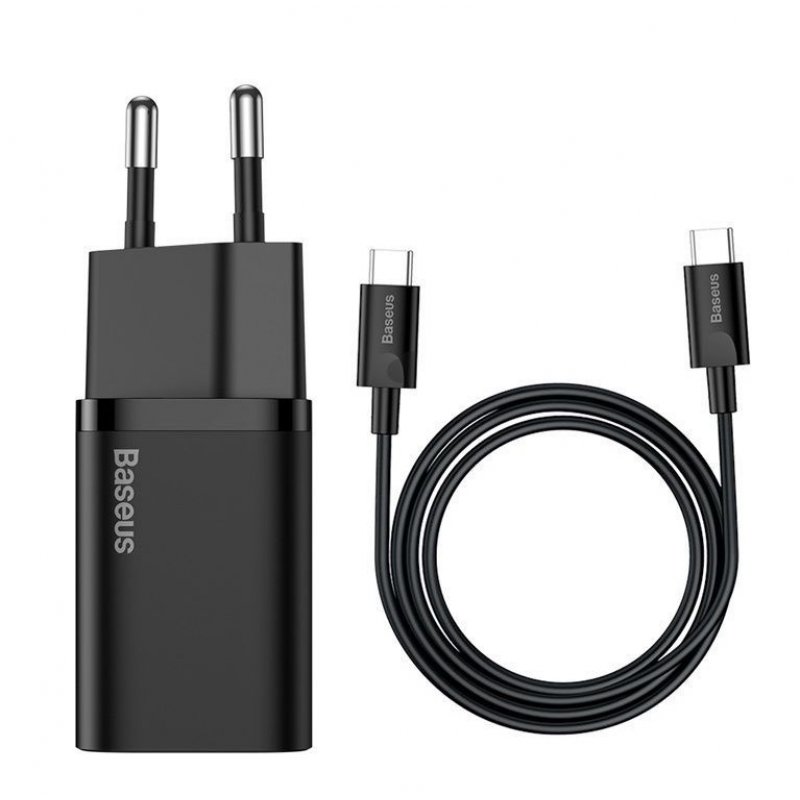 Baseus Travel Charger set Super Si 1C QC (With Mini White Cable Type-C to Type-C 3A 1m) 25W Black (TZCCSUP-L01)