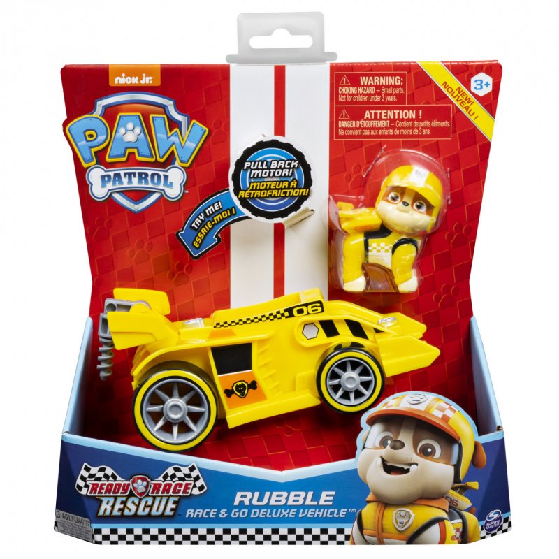 PAW Patrol , Ready, Race, Rescue Rubble’s Race & Go Deluxe Vehicle with Sounds, for Kids Aged 3 and Up