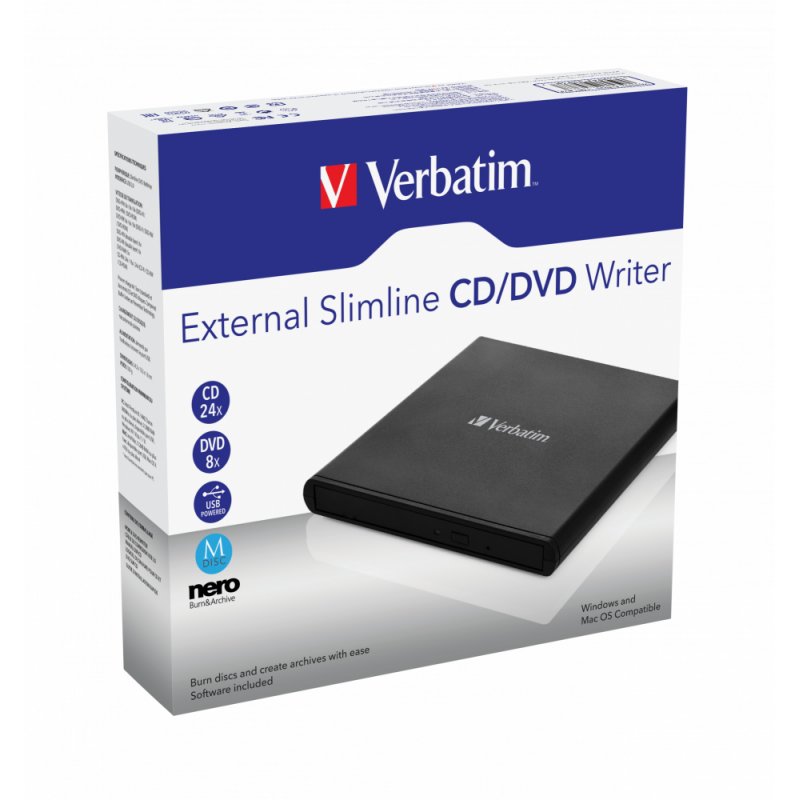 Verbatim External Slimline CD/DVD Writer lecteur de disques optiques DVD±RW Noir