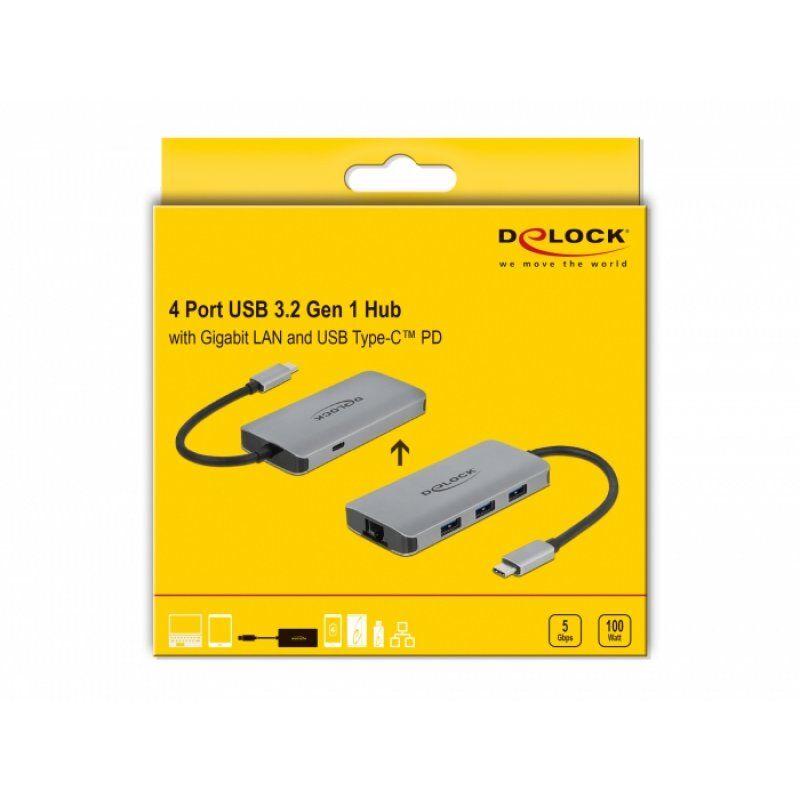 Delock USB 3.2 G1 Hub + 4 Ports/LAN/PD | 63252