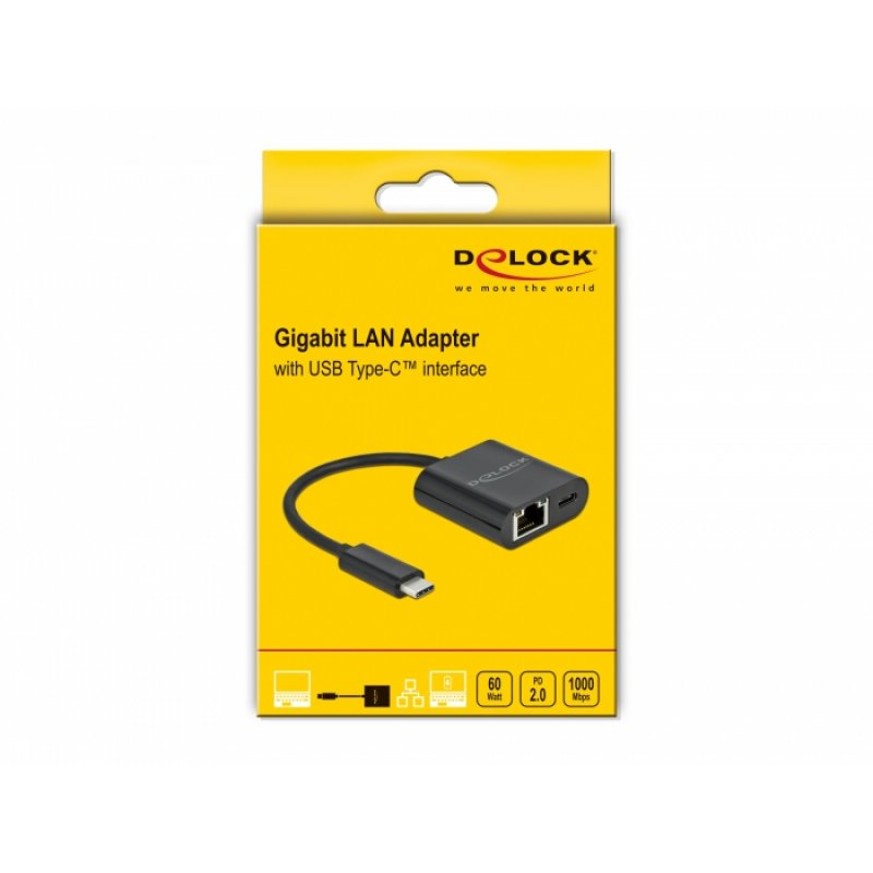DeLOCK USB-C Adap.Gigabit LAN+PW     bk | LAN 10/100/1000 Mbps mit Power Delivery