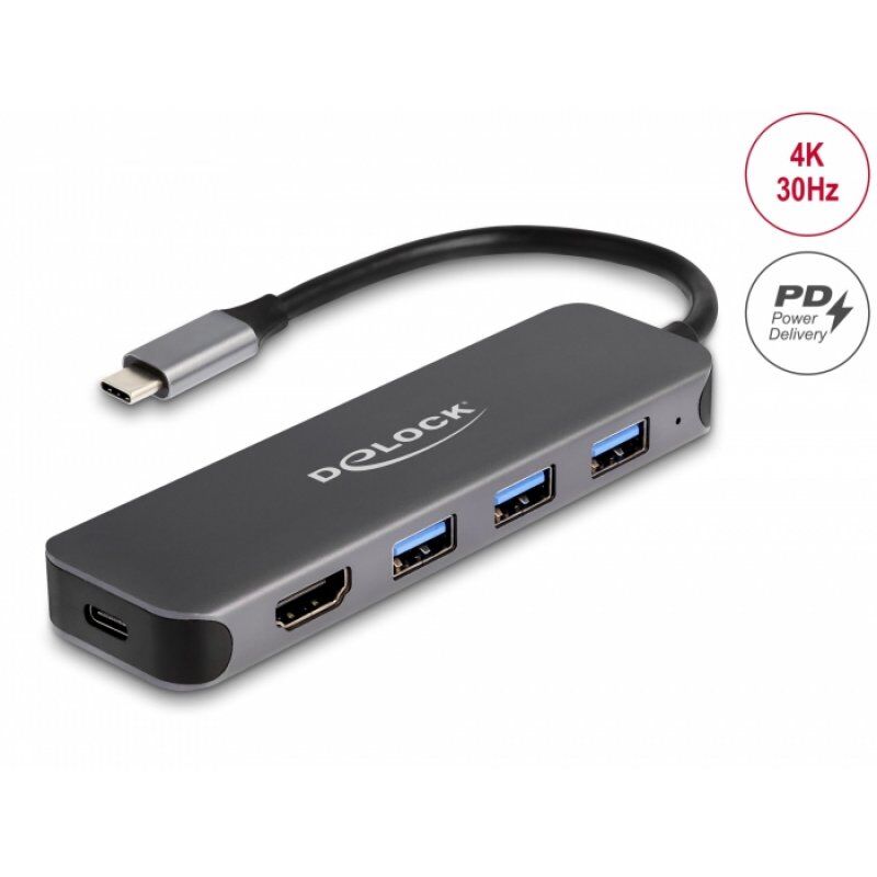 DeLOCK 3P USB Hub+4K HDMI+USB-C+PD 85W | 64171