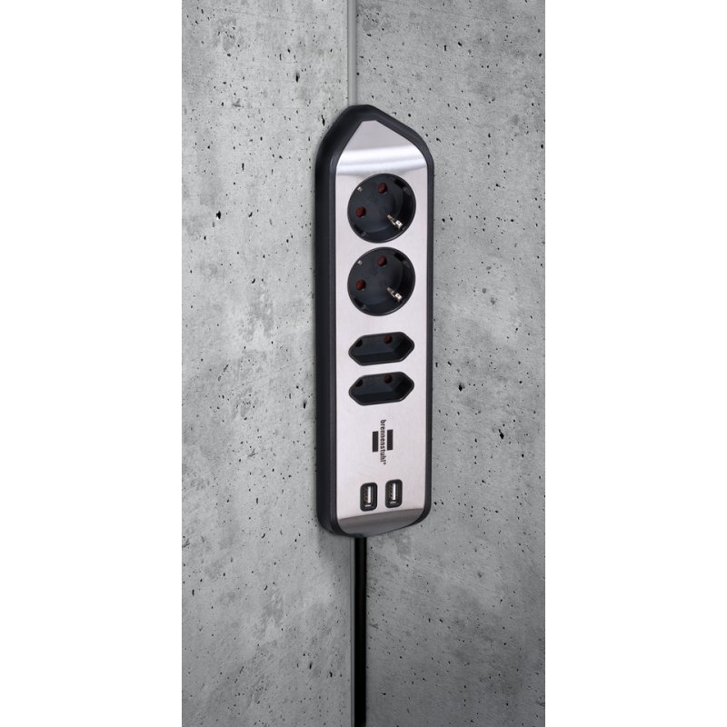 Brennenstuhl 1153590410 multiprise 2 m 4 sortie(s) CA Intérieure Noir, Argent