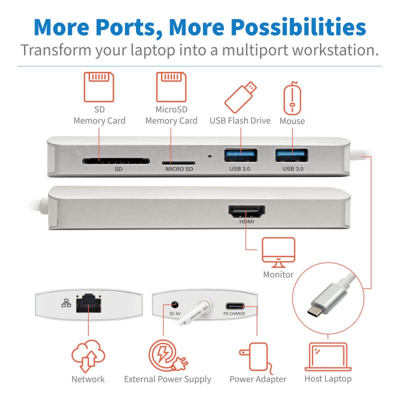Tripp Lite U442-DOCK11-S USB-C Dock - 4K HDMI, USB 3.2 Gen 1, USB-A/C Hub, GbE, Memory Card, 60W PD Charging