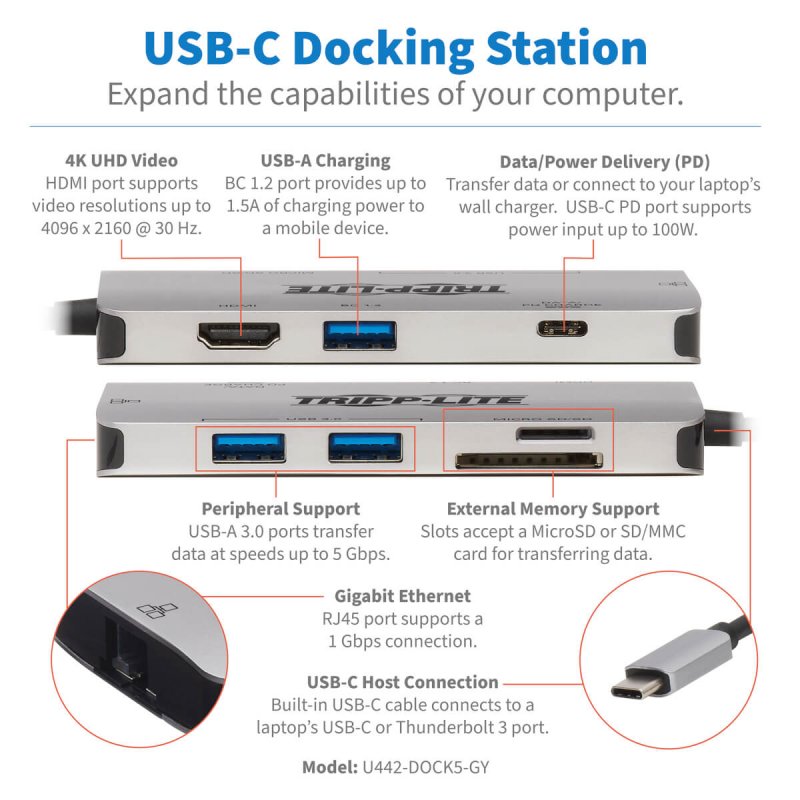 Tripp Lite U442-DOCK5-GY USB-C Dock - 4K HDMI, USB 3.2 Gen 1, USB-A Hub, GbE, Memory Card, 100W PD Charging