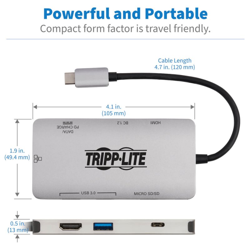 Tripp Lite U442-DOCK5-GY USB-C Dock - 4K HDMI, USB 3.2 Gen 1, USB-A Hub, GbE, Memory Card, 100W PD Charging