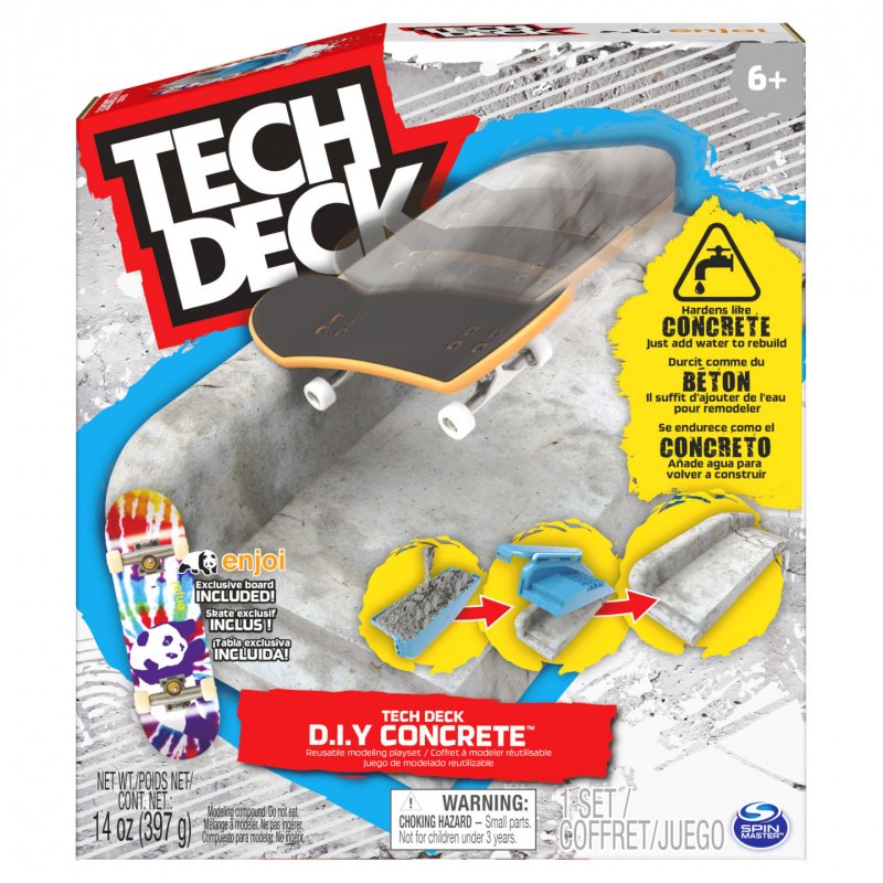 Tech Deck DIY Concrete, Coffret à modeler réutilisable avec fingerboard Enjoi exclusif, rail, moules et kit de skatepa