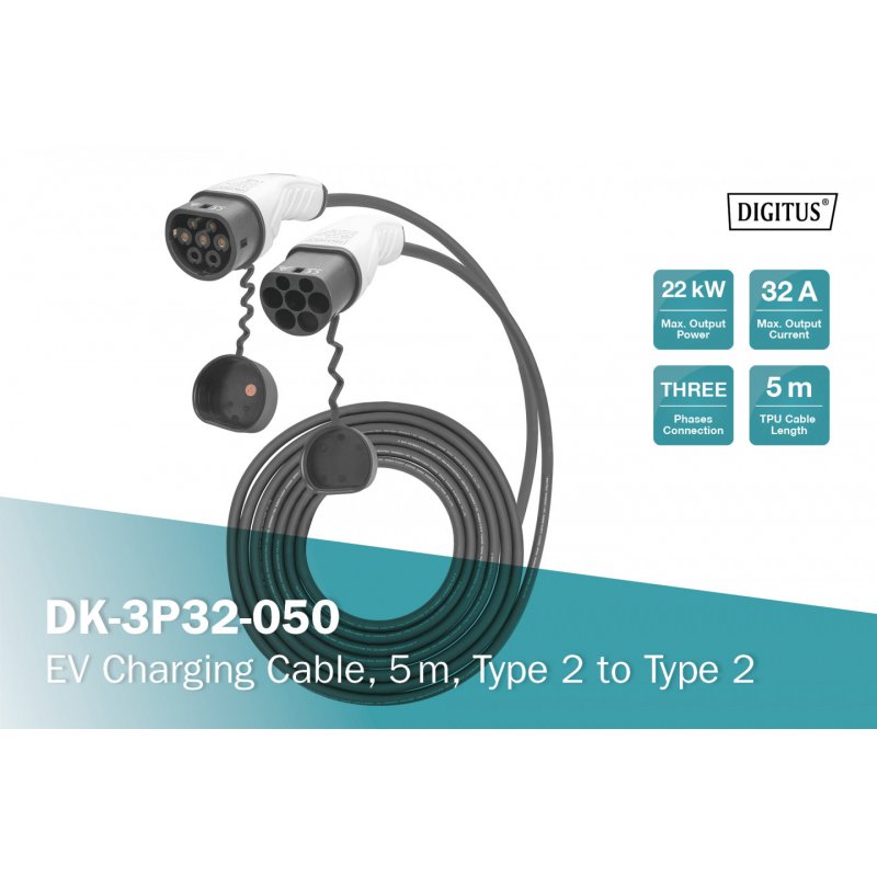 Cable Digitus E-Car Typ 2 22kW 32A 5m Black/Grey