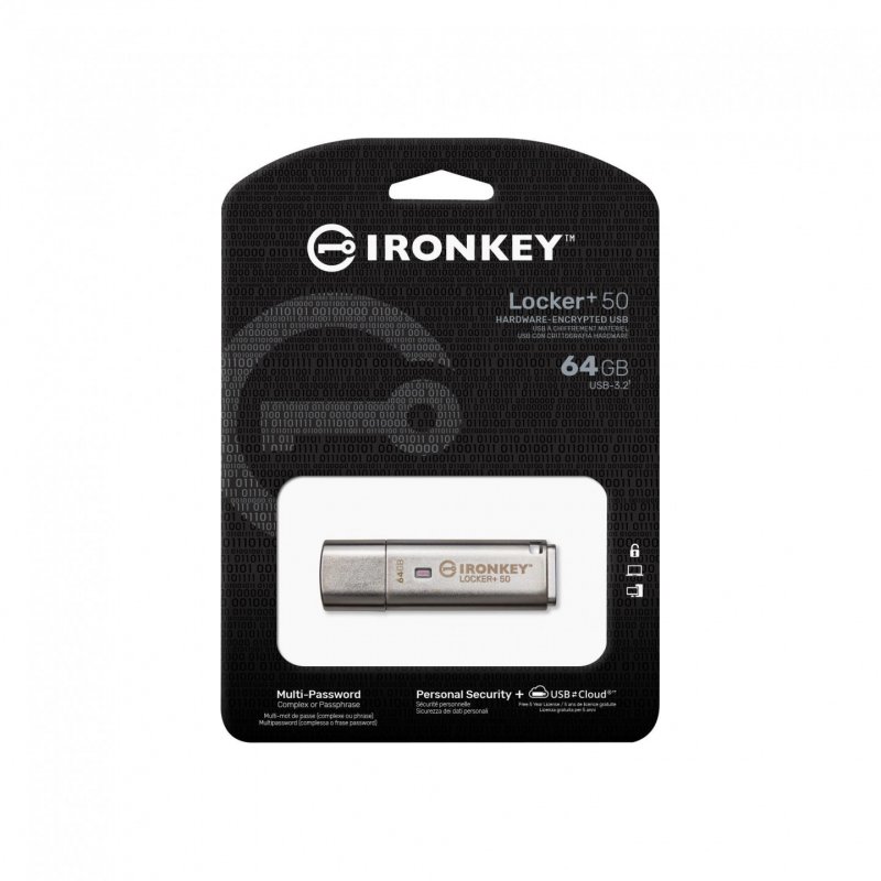 Kingston Technology IronKey Locker+ 50 lecteur USB flash 64 Go USB Type-A 3.2 Gen 1 (3.1 Gen 1) Argent