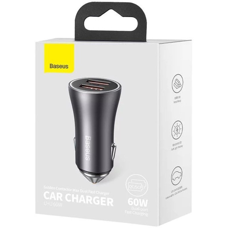 Baseus Car Charger Golden Contactor Max Dual Fast Charger U+U 60W Dark Gray (CGJM000013)
