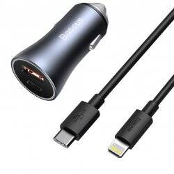 Baseus Car Charger Golden Contactor Pro Dual Quick Charger U+C, PD 3.0, QC 4+, SCP FCP AFC (With Type-C - Lightning 1m B