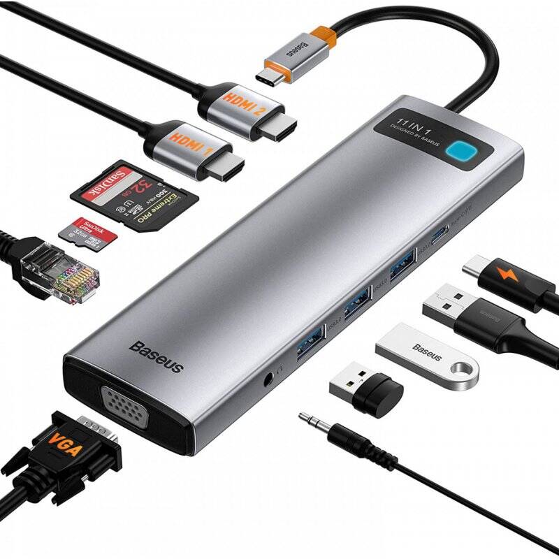Baseus HUB Metal Gleam Series 11-in-1 Multifunctional (Type-C to 3xUSB3.2/PD 100W/3,5 mm Jack/VGA Full HD 60Hz/2xHDMI 4K