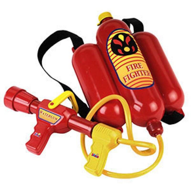 Theo Klein Fireman's water sprayer, net bag + header card