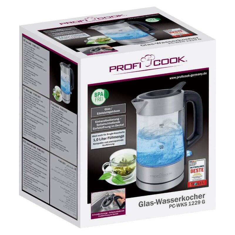 ProfiCook PC-WKS 1229 G electric kettle 1 L 1600 W Stainless steel, Transparent