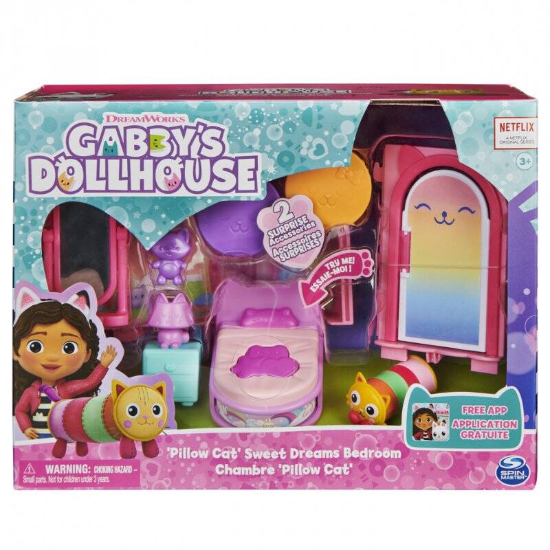 Gabby's Dollhouse Sweet Dreams Bedroom with Pillow Cat Figure and 3 Accessories, 3 Furniture and 2 Deliveries, Kids Toys