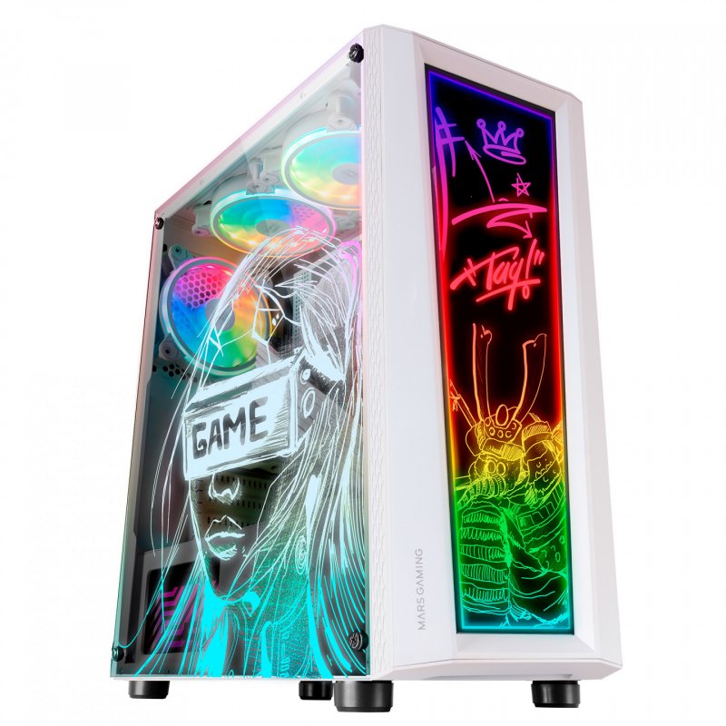 Mars Gaming MC-ART White ATX Gaming PC Case Double Drawable Tempered Glass ARGB 12 Modes 12cm Fan