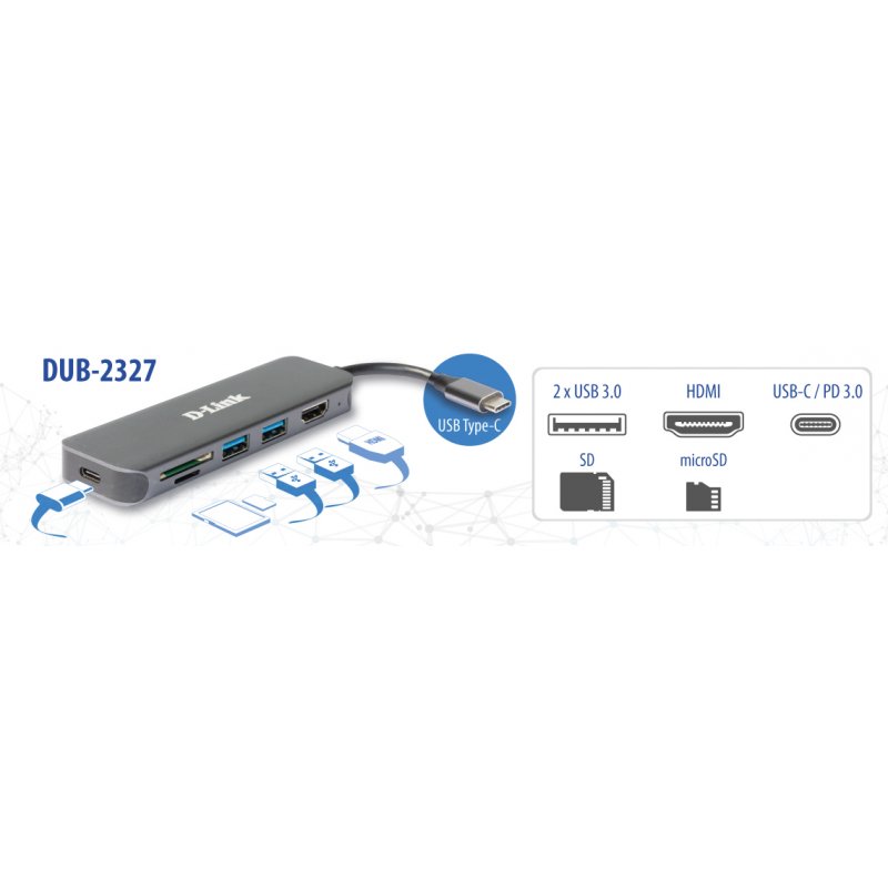 D-Link Hub USB-C 6-en-1 avec HDMI/lecteur de carte/alimentation DUB-2327