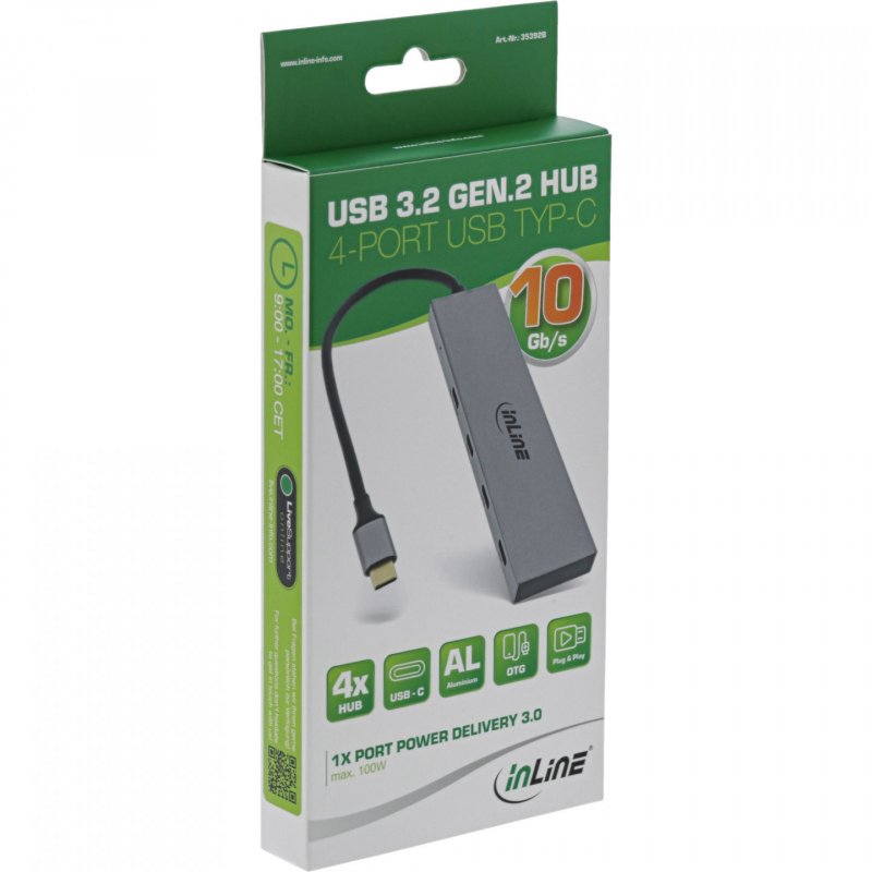 InLine USB 3.2 Gen.2 Hub (10Gb/s), 4 port USB Type-C, OTG, aluminium housing