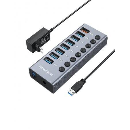 7-port USB 3.0 Type-A HUB + 1x charging port, aluminum case, individual on/off LED switch, with power supply 12V 4A