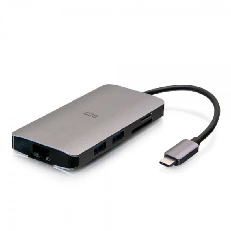 C2G Mini station d’accueil USB-C 8 en 1 avec HDMI, 2 USB-A, Ethernet, lecteur de carte SD et USB-C, alimentation élec
