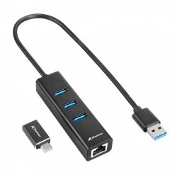 Shark 3-Port USB 3.2 Gen 1 Alu Hub  + RJ45 Ethernet Adapter bk