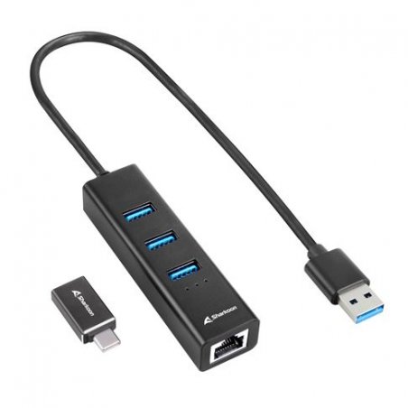 Shark 3-Port USB 3.2 Gen 1 Alu Hub  + RJ45 Ethernet Adapter bk