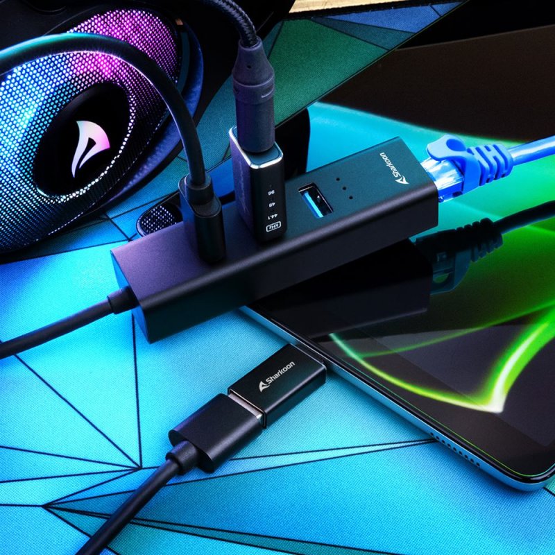 Shark 3-Port USB 3.2 Gen 1 Alu Hub  + RJ45 Ethernet Adapter bk